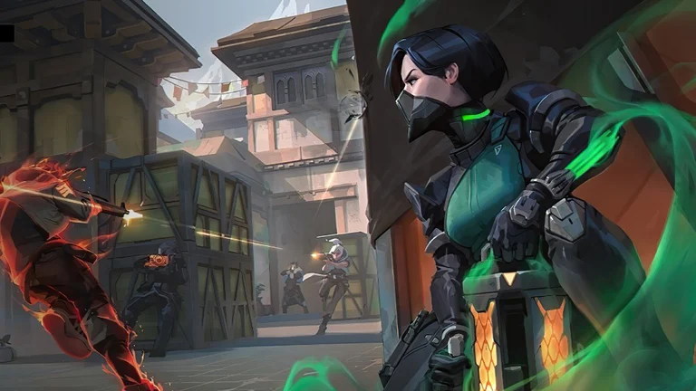 Valorant agents in a courtyard firefight, with Viper and green toxic smoke on the right.